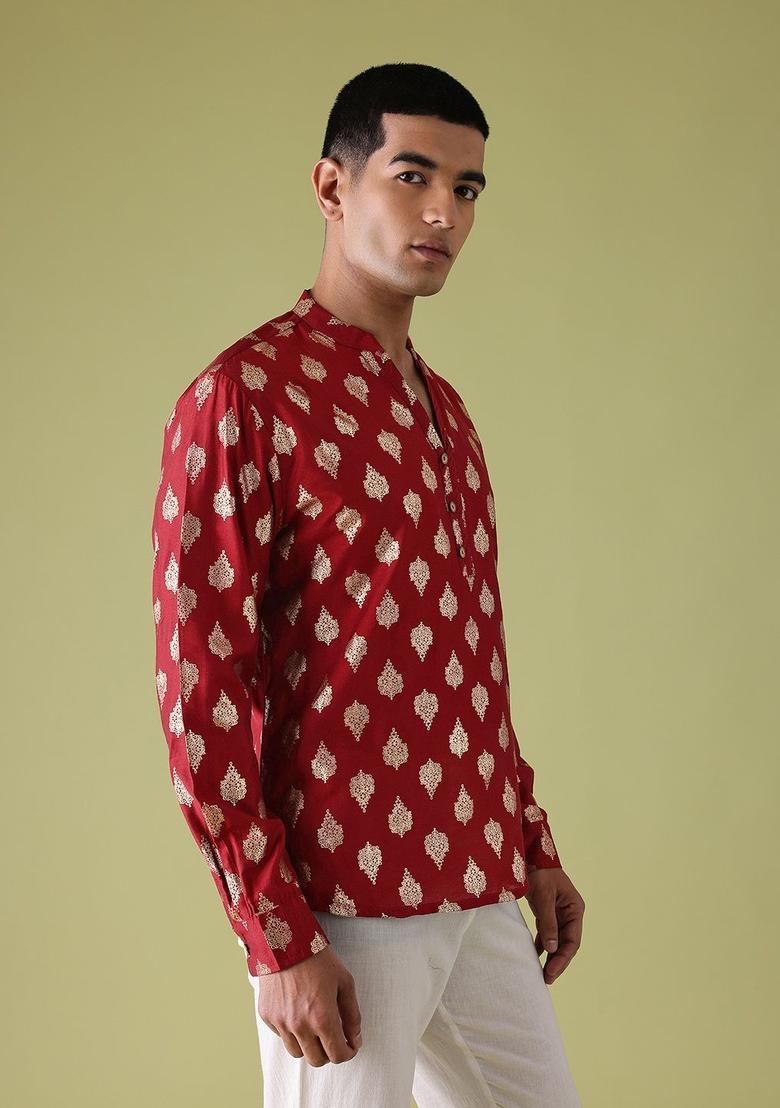 Maroon Printed Viscose Kurta For Men - Indya