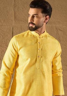 Yellow Embroidered Viscose Kurta For Men
