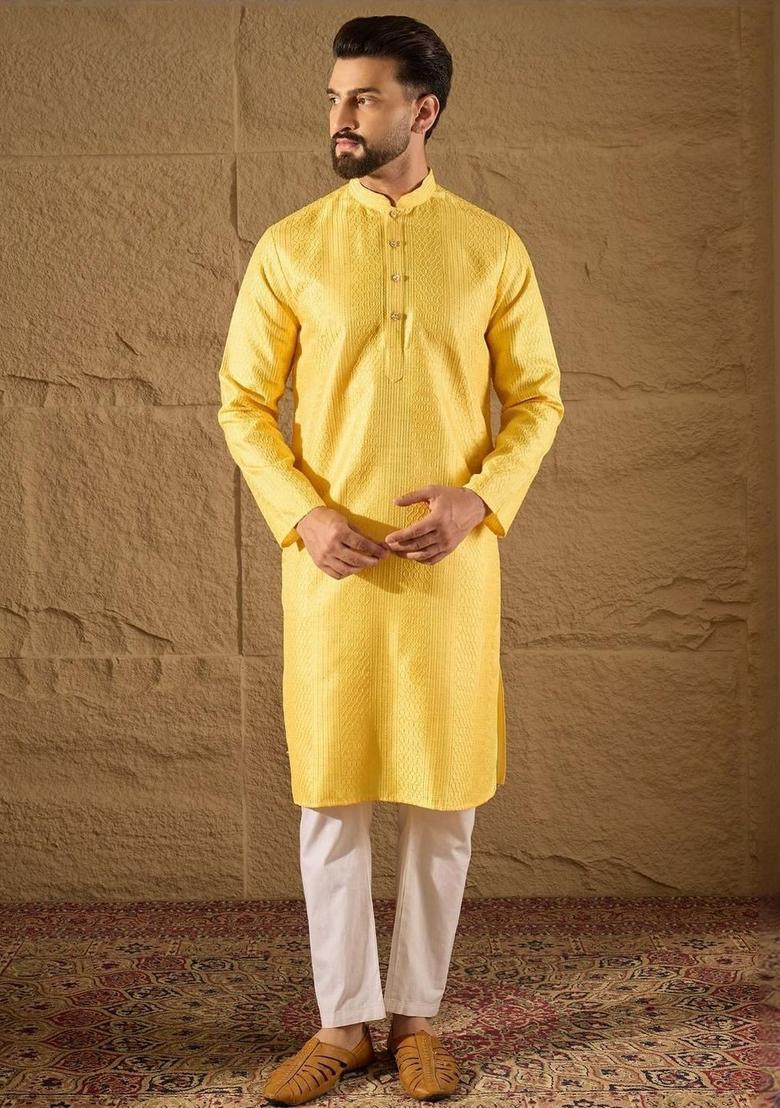 Yellow Embroidered Viscose Kurta For Men - Indya