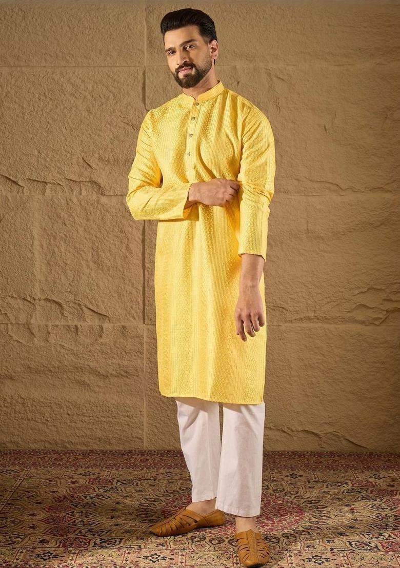 Yellow Embroidered Viscose Kurta For Men - Indya