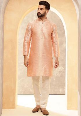 Peach Woven Design Jacquard Kurta For Men