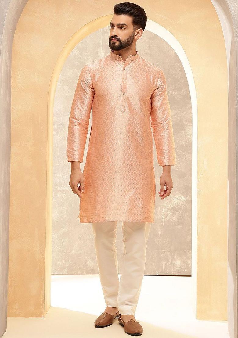 Peach Woven Design Jacquard Kurta For Men - Indya