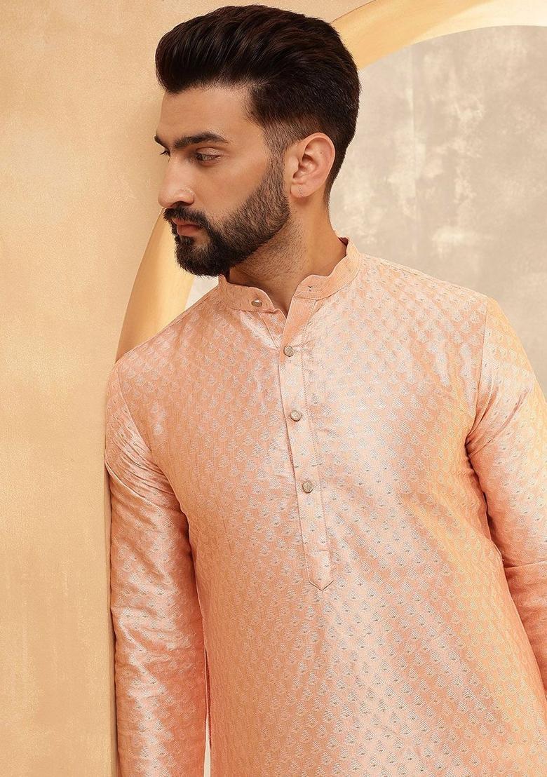 Peach Woven Design Jacquard Kurta For Men - Indya