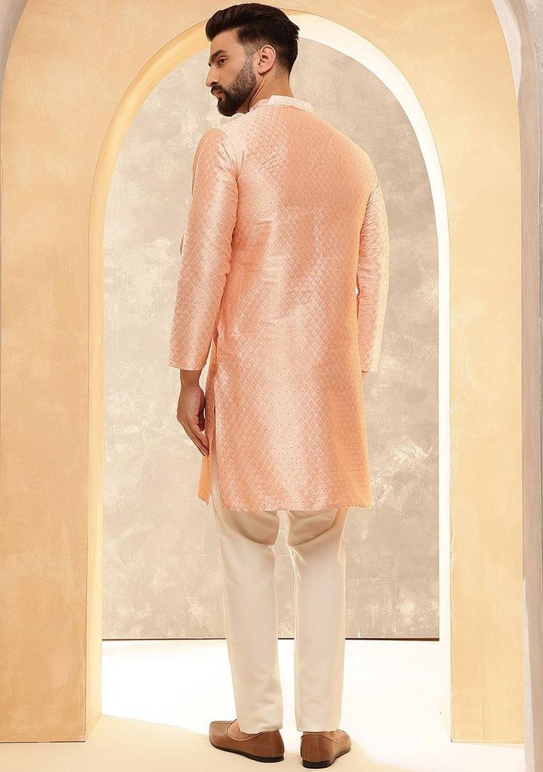 Peach Woven Design Jacquard Kurta For Men - Indya
