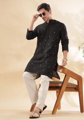 Black Woven Design Silk Kurta For Men