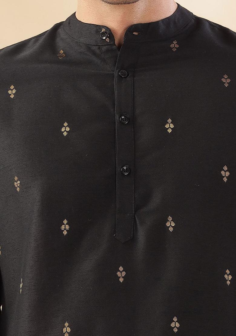 Black Woven Design Silk Kurta For Men - Indya
