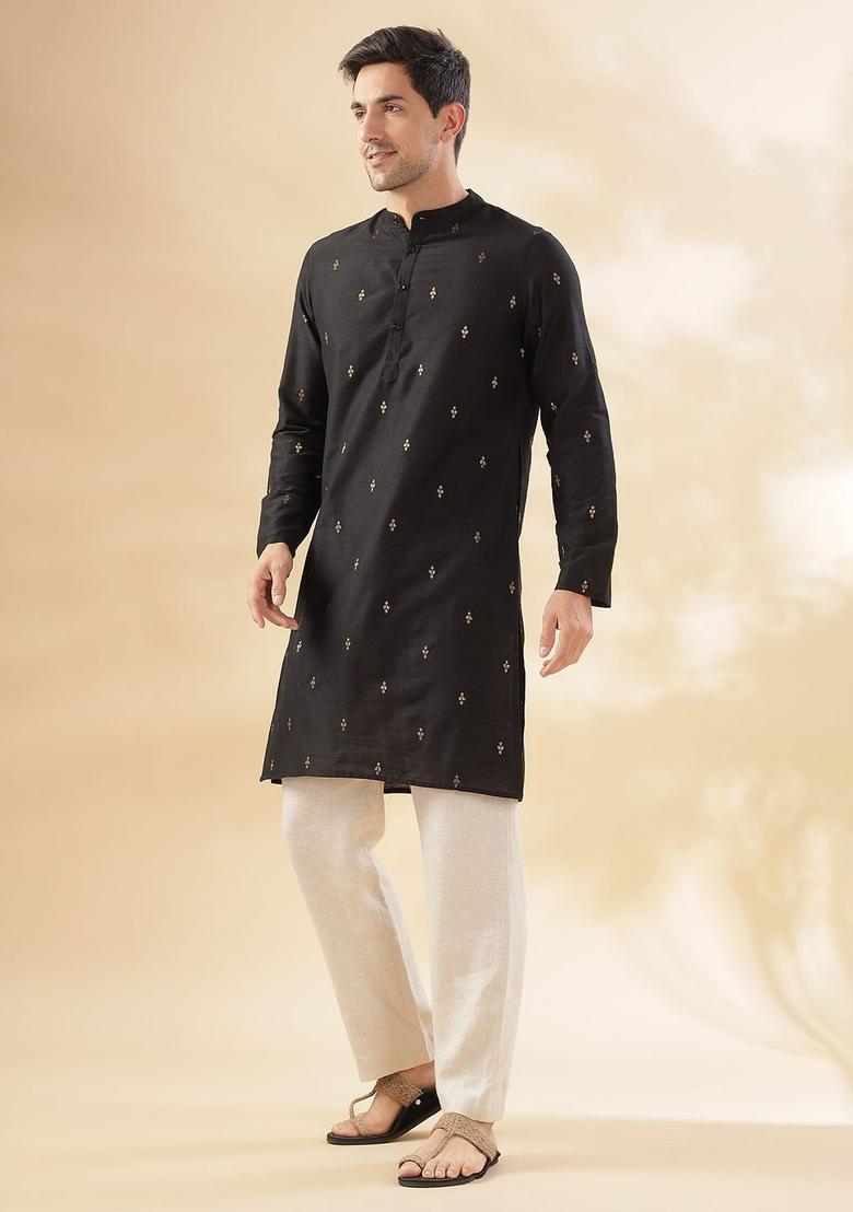 Black Woven Design Silk Kurta For Men - Indya