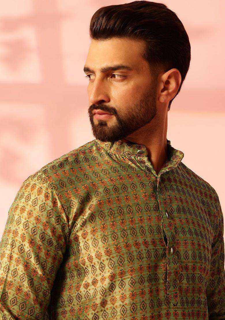 Olive Printed Silk Blend Kurta For Men - Indya