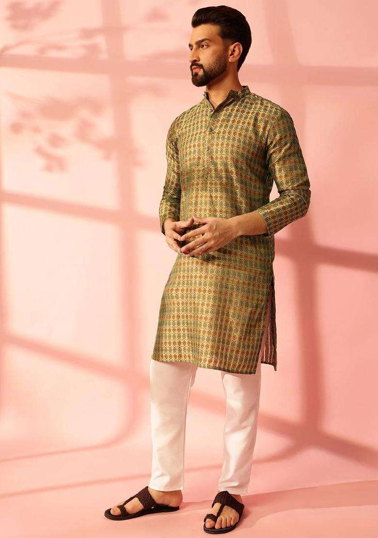 Olive Printed Silk Blend Kurta For Men - Indya