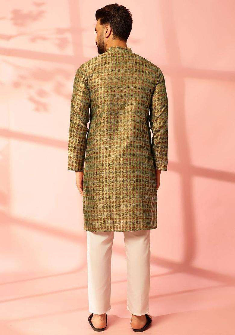 Olive Printed Silk Blend Kurta For Men - Indya