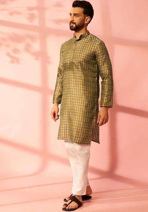 Olive Printed Silk Blend Kurta For Men