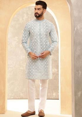 Grey Embroidered Silk Kurta For Men