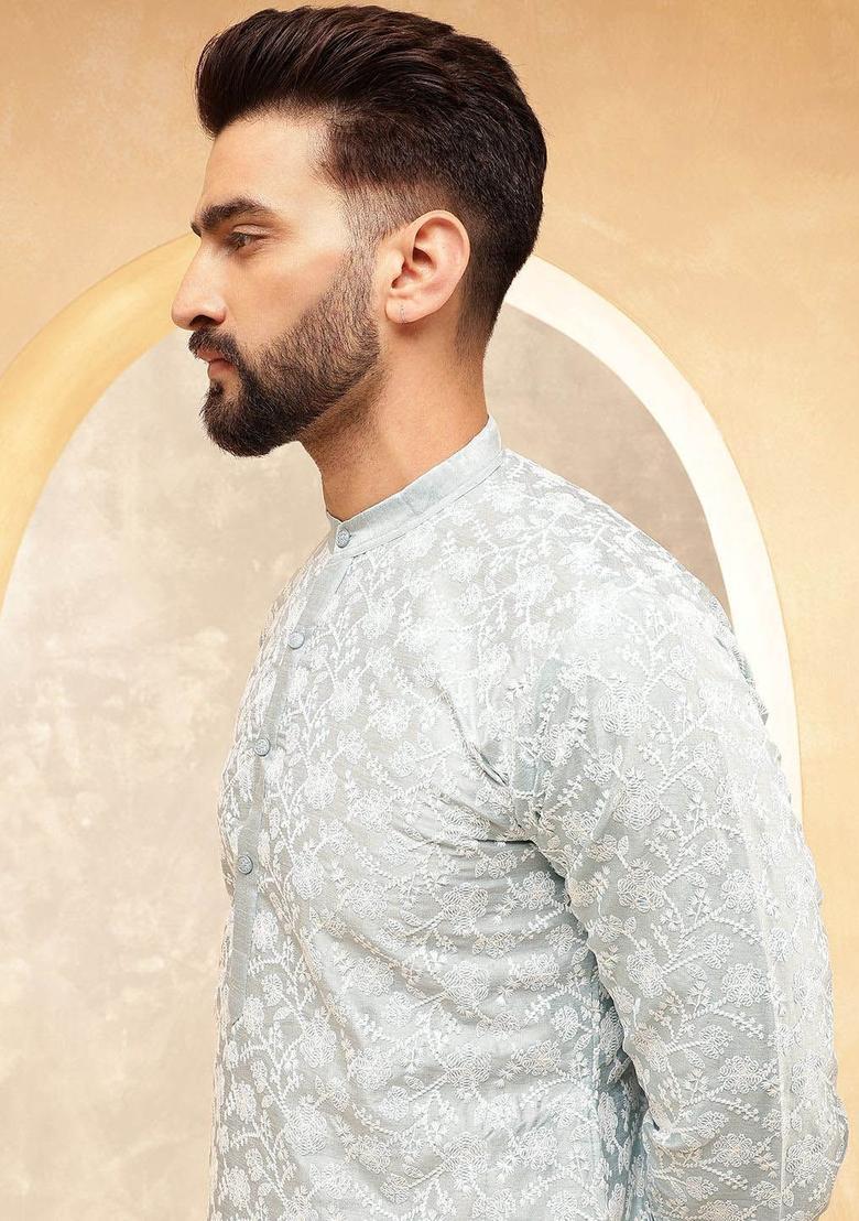 Grey Embroidered Silk Kurta For Men - Indya