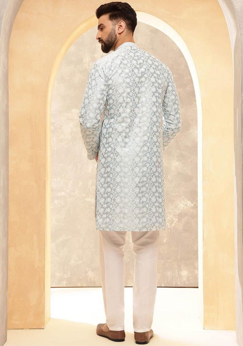 Grey Embroidered Silk Kurta For Men - Indya