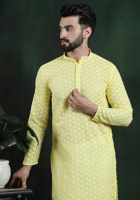 Yellow Woven Design Cotton Kurta For Men