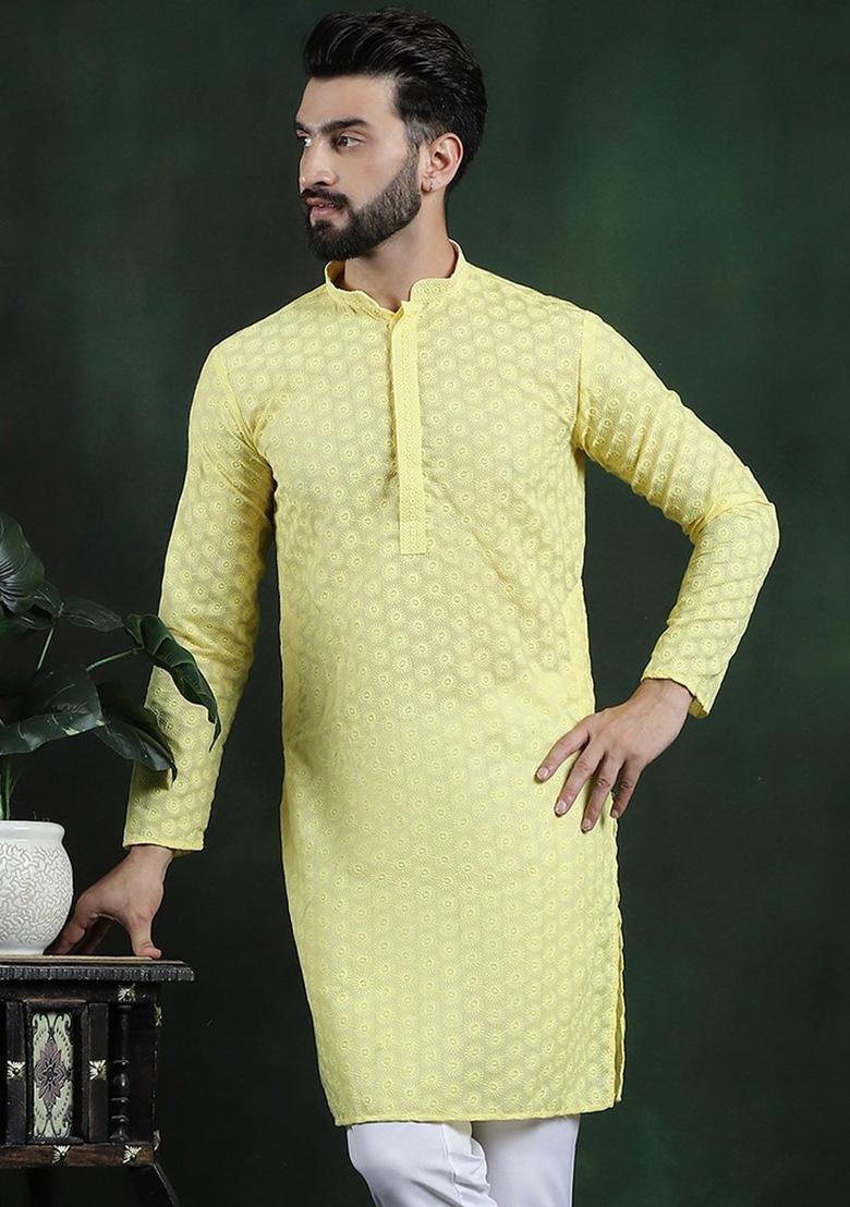 Yellow Woven Design Cotton Kurta For Men - Indya