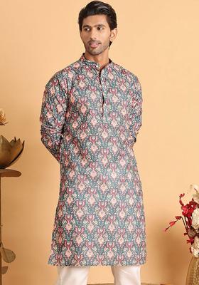 Blue Printed Cotton Kurta For Men