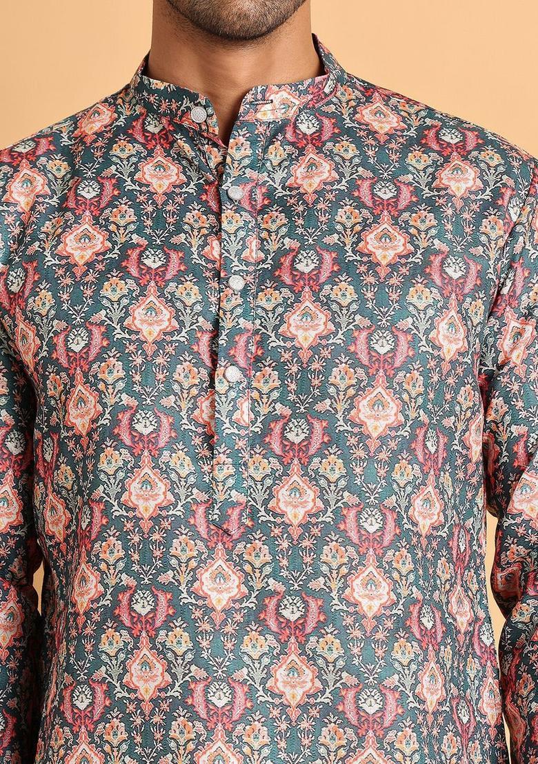 Blue Printed Cotton Kurta For Men - Indya