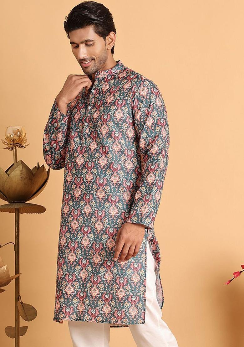 Blue Printed Cotton Kurta For Men - Indya