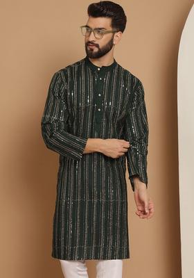 Green Striped Cotton Kurta For Men