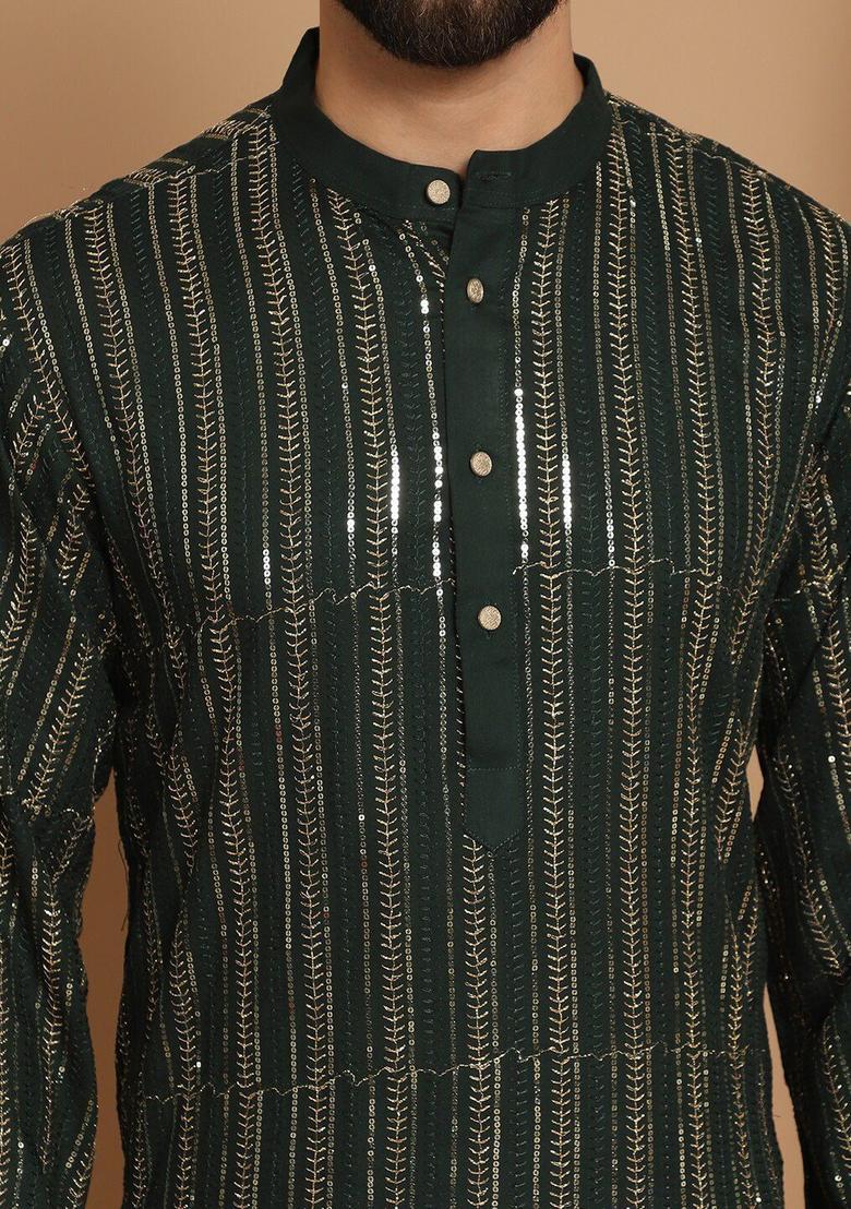 Green Striped Cotton Kurta For Men - Indya