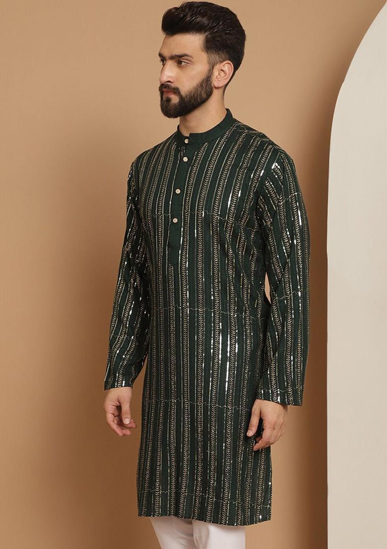 Green Striped Cotton Kurta For Men - Indya
