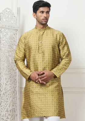 Yellow Woven Design Cotton Kurta For Men