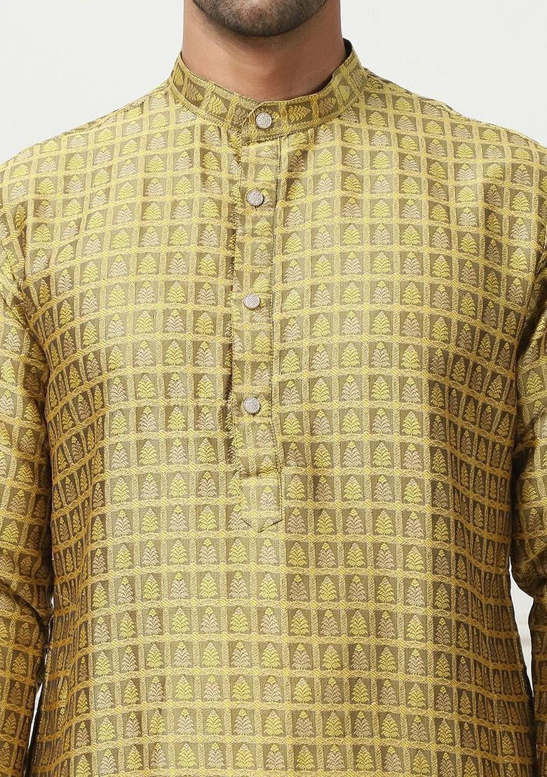 Yellow Woven Design Cotton Kurta For Men - Indya
