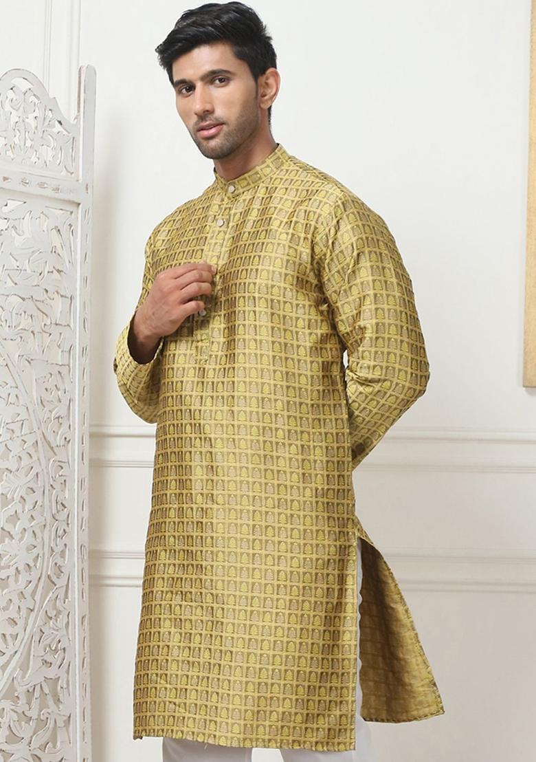Yellow Woven Design Cotton Kurta For Men - Indya
