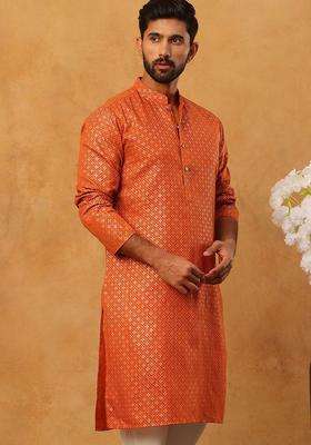 Orange Printed Cotton Kurta For Men