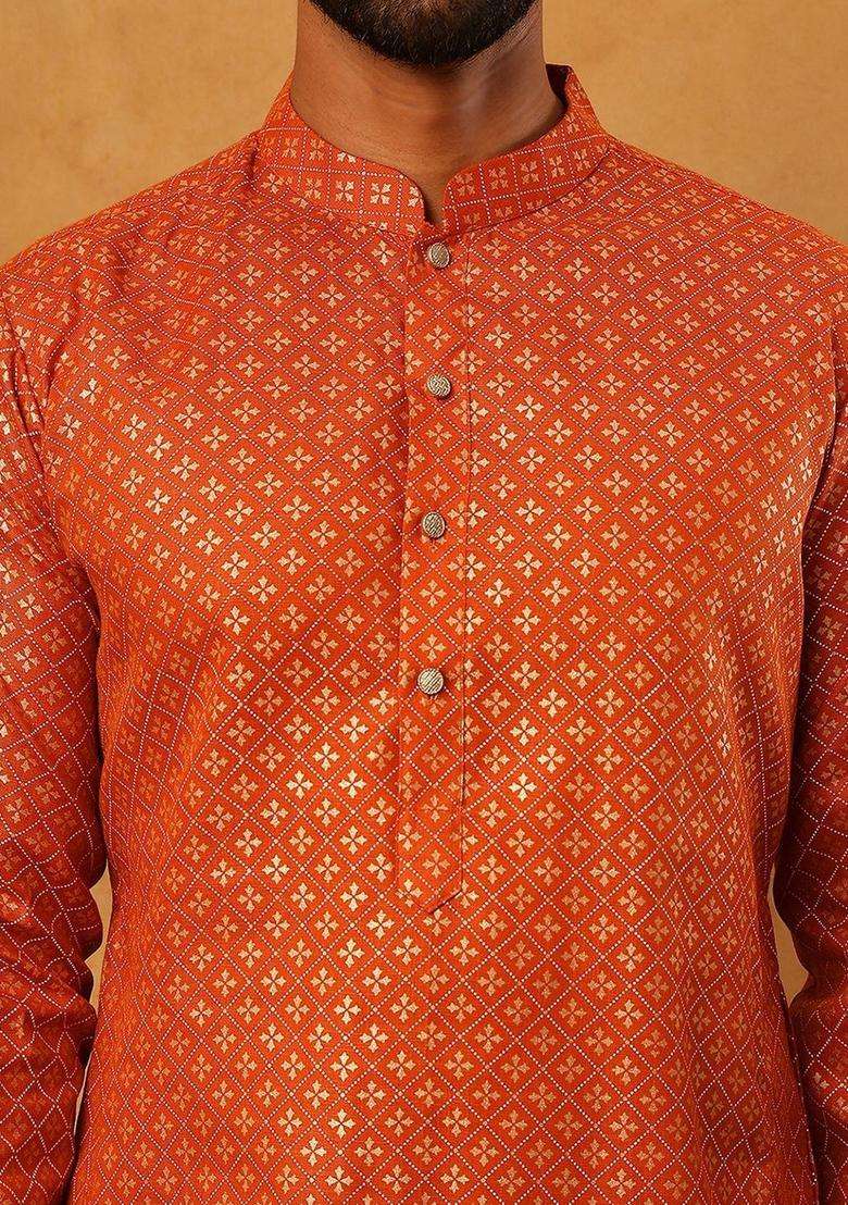 Orange Printed Cotton Kurta For Men - Indya