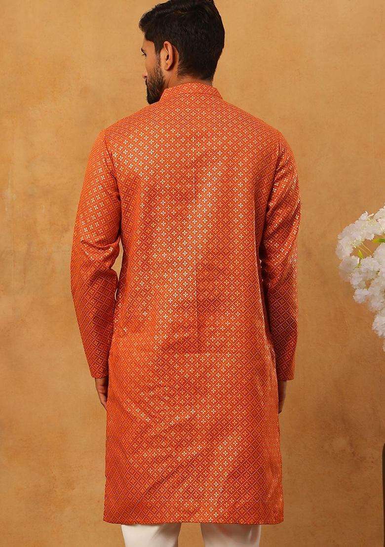 Orange Printed Cotton Kurta For Men - Indya