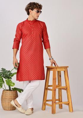 Red Printed Cotton Kurta For Men
