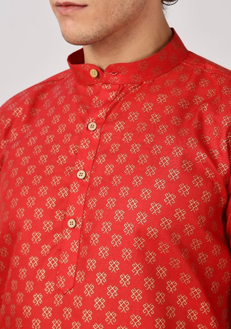 Red Printed Cotton Kurta For Men - Indya