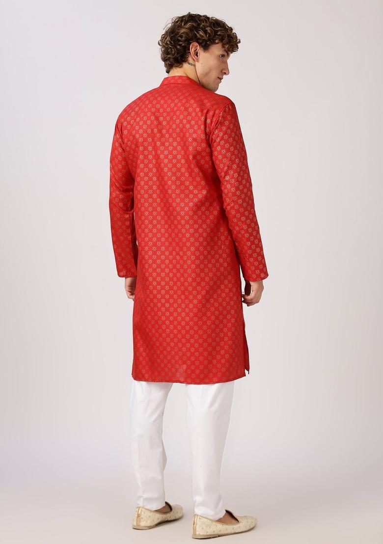 Red Printed Cotton Kurta For Men - Indya