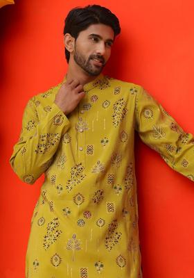 Yellow Printed Silk Kurta For Men