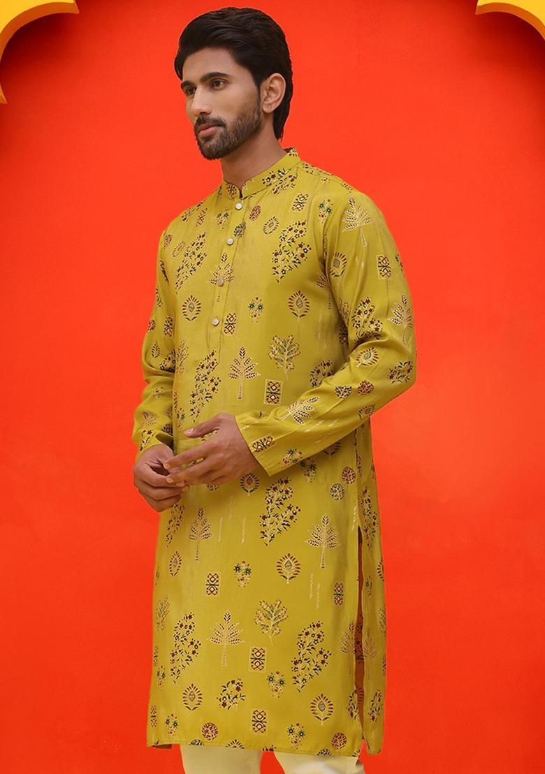 Yellow Printed Silk Kurta For Men - Indya