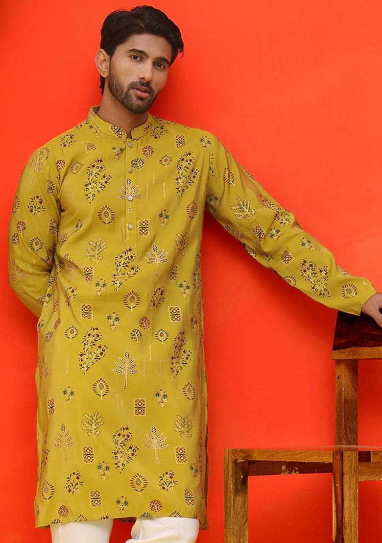 Yellow Printed Silk Kurta For Men - Indya