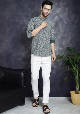 Olive Printed Cotton Kurta For Men