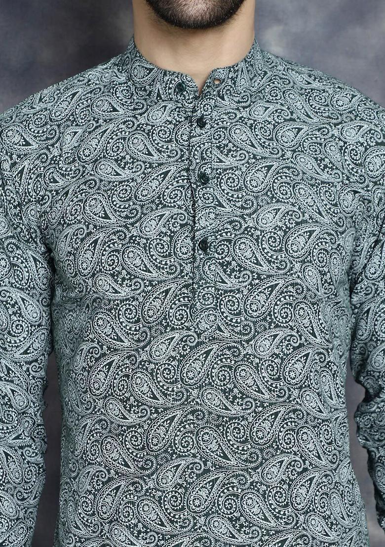 Olive Printed Cotton Kurta For Men - Indya