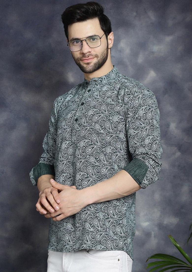 Olive Printed Cotton Kurta For Men - Indya