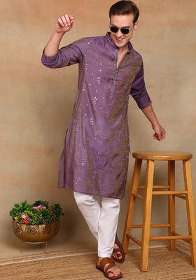 Purple Woven Design Viscose Kurta For Men