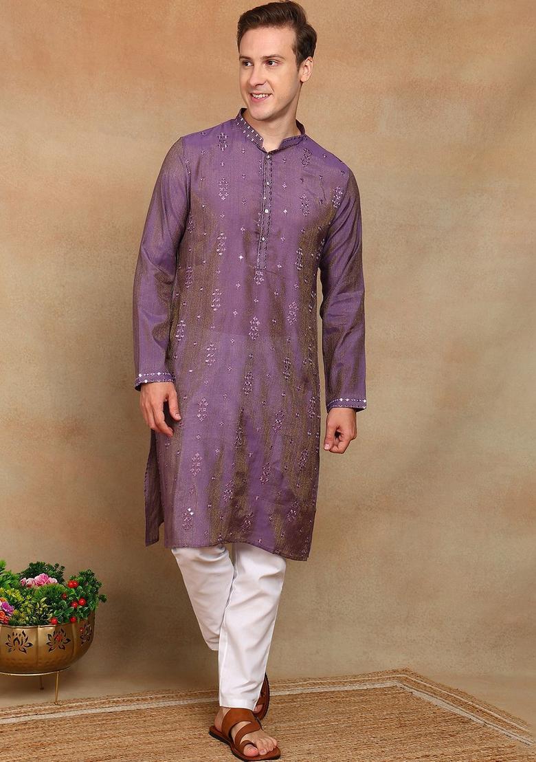 Purple Woven Design Viscose Kurta For Men - Indya