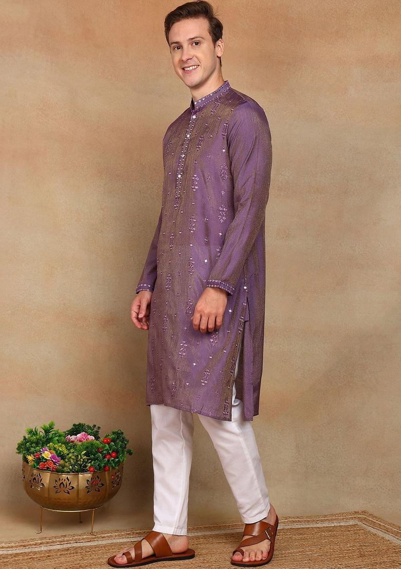 Purple Woven Design Viscose Kurta For Men - Indya