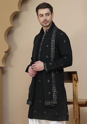 Black Embroidered Silk Kurta With Dupatta For Men