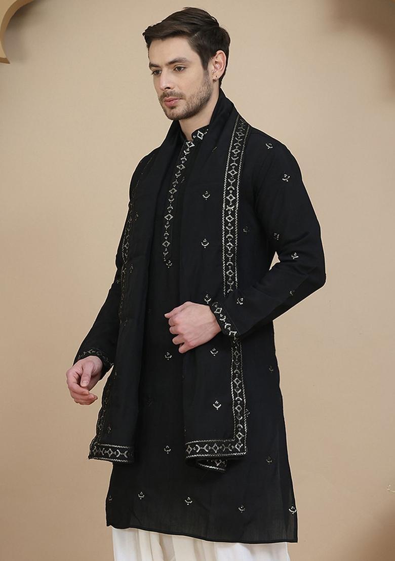 Black Embroidered Silk Kurta With Dupatta For Men - Indya
