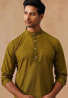 Olive Printed Cotton Kurta For Men