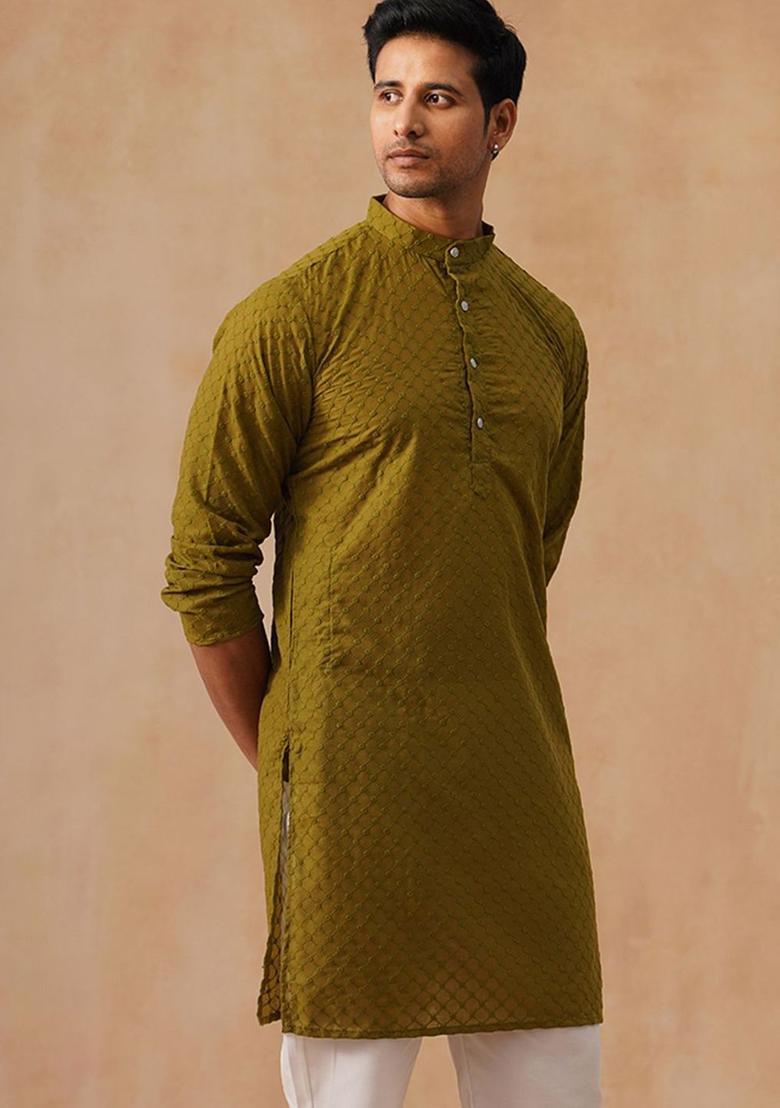 Olive Printed Cotton Kurta For Men - Indya