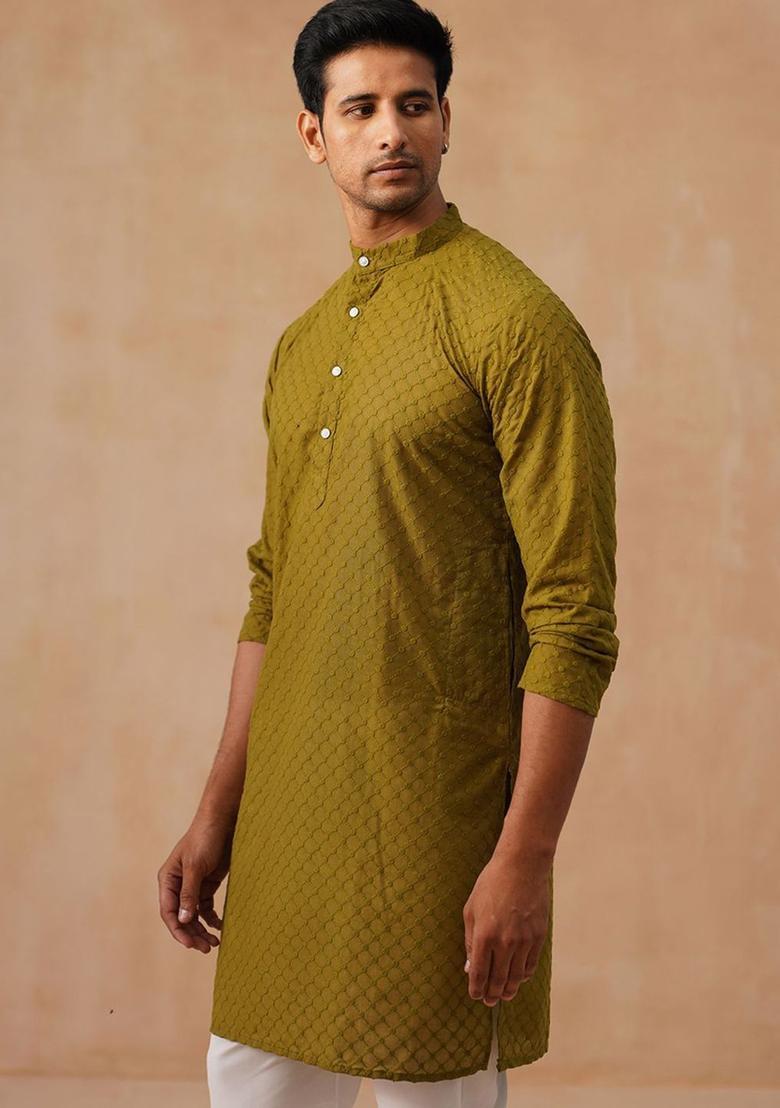 Olive Printed Cotton Kurta For Men - Indya