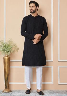 Black Woven Design Viscose Kurta For Men